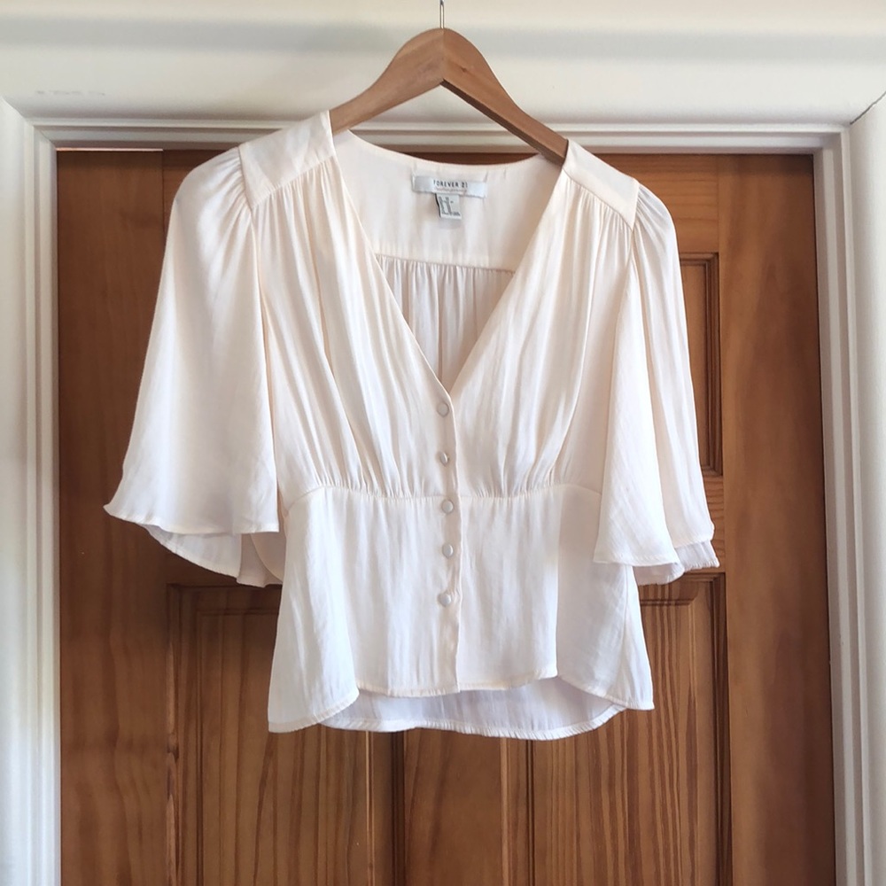 Cute Forever 21 Pearl White Satin Button Up Top
